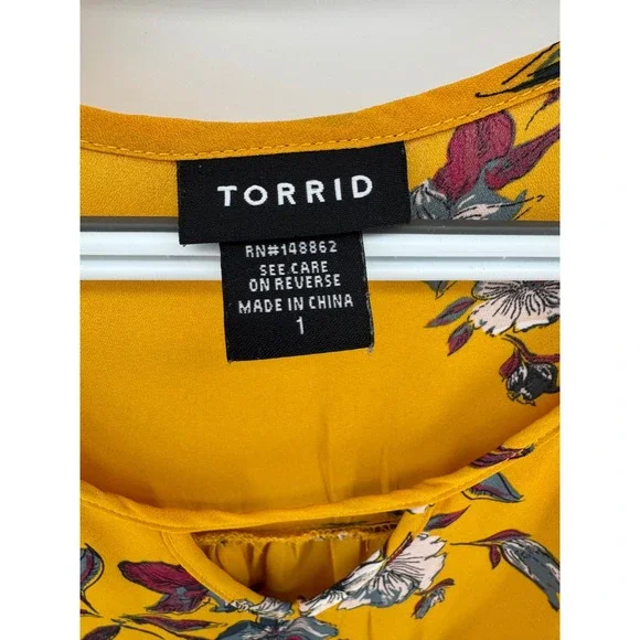 Torrid Womens Mustard Yellow Floral Keyhole Long Sleeve Blouse Top Size 1 - Picture 3 of 6
